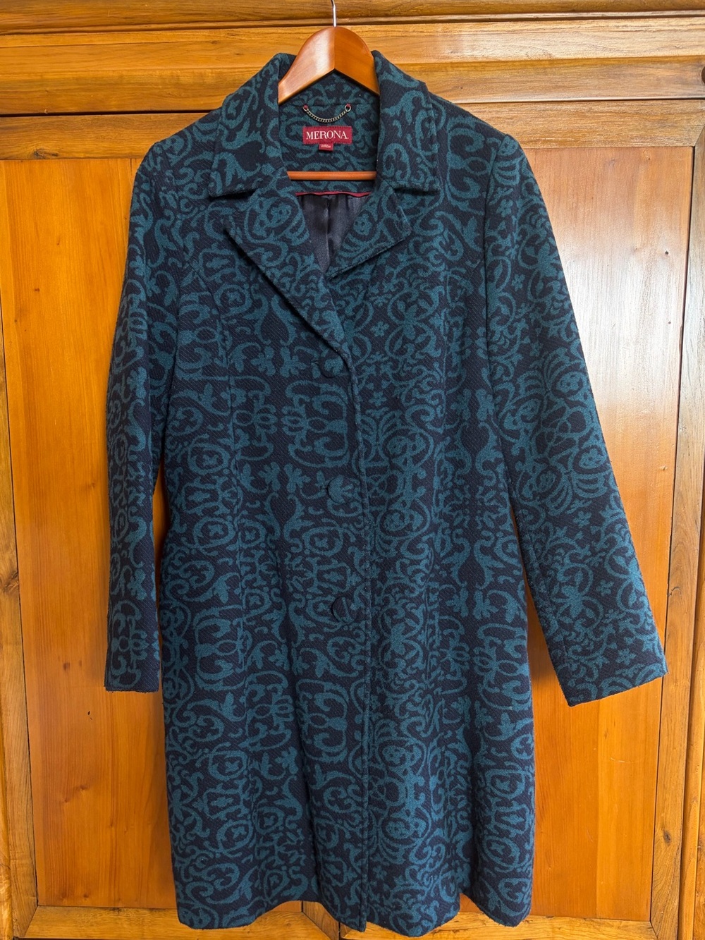 Merona Teal & navy Patterned Long wool blend Coat-fully lined